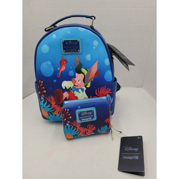 Loungefly Disney Pinocchio Mini Backpack Bag Underwater With Wallet NEW main image 13